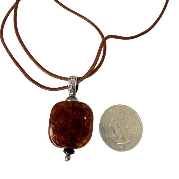 VTG Baltic Amber Pendant Necklace 16" 925 Sterling Silver Leather Thailand - Picture 9 of 13